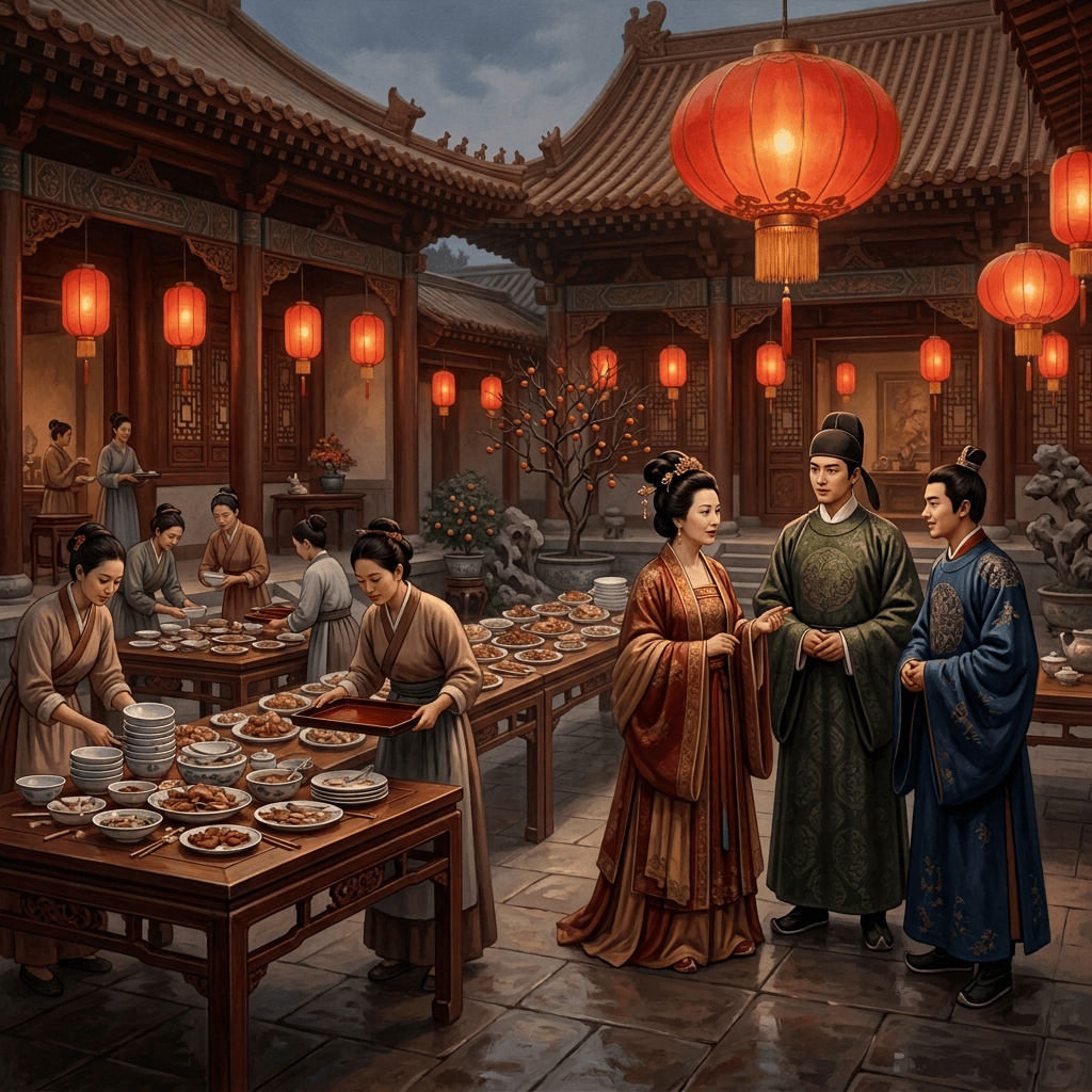 Lantern-lit palace courtyard with attendants serving food and three traditionally dressed guests
