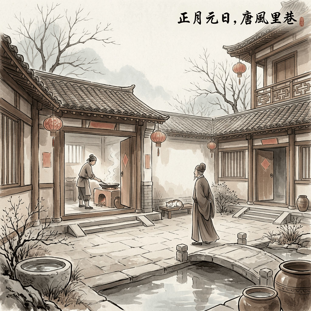Tang-style courtyard with lanterns, cooking, and text “正月元日，唐風里巷”