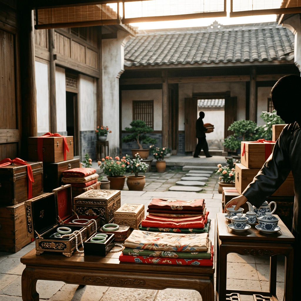 Courtyard market with silk textiles, jewelry boxes, and porcelain tea sets