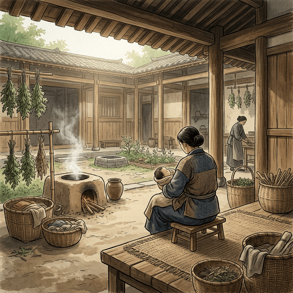 Traditional courtyard with drying herbs, steaming stove, caregiver, and baby