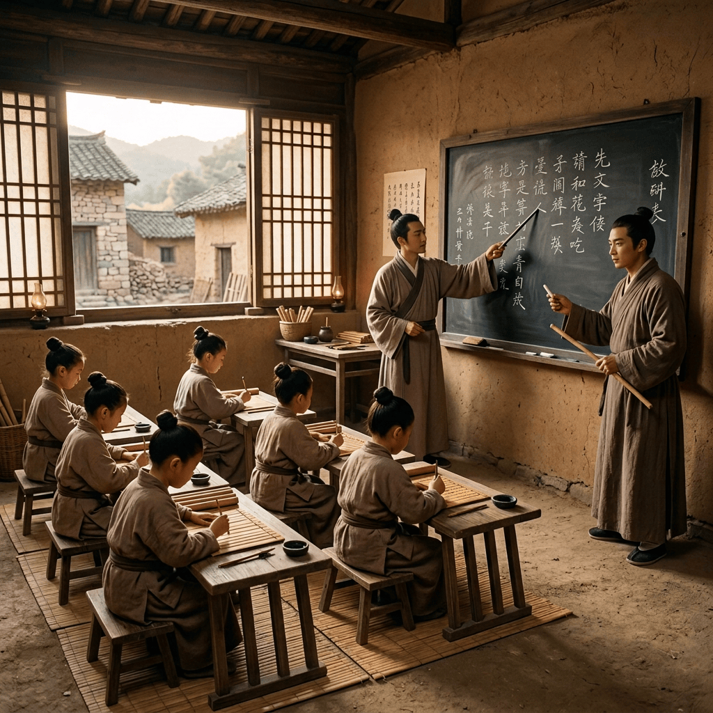 Students practicing brush writing beside artisans in a traditional mountain village
