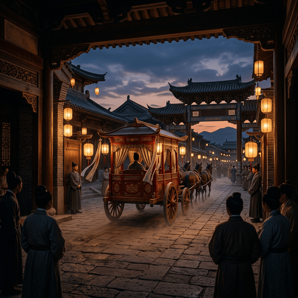 Decorated horse-drawn carriage passing through a lantern-lit traditional street at dusk