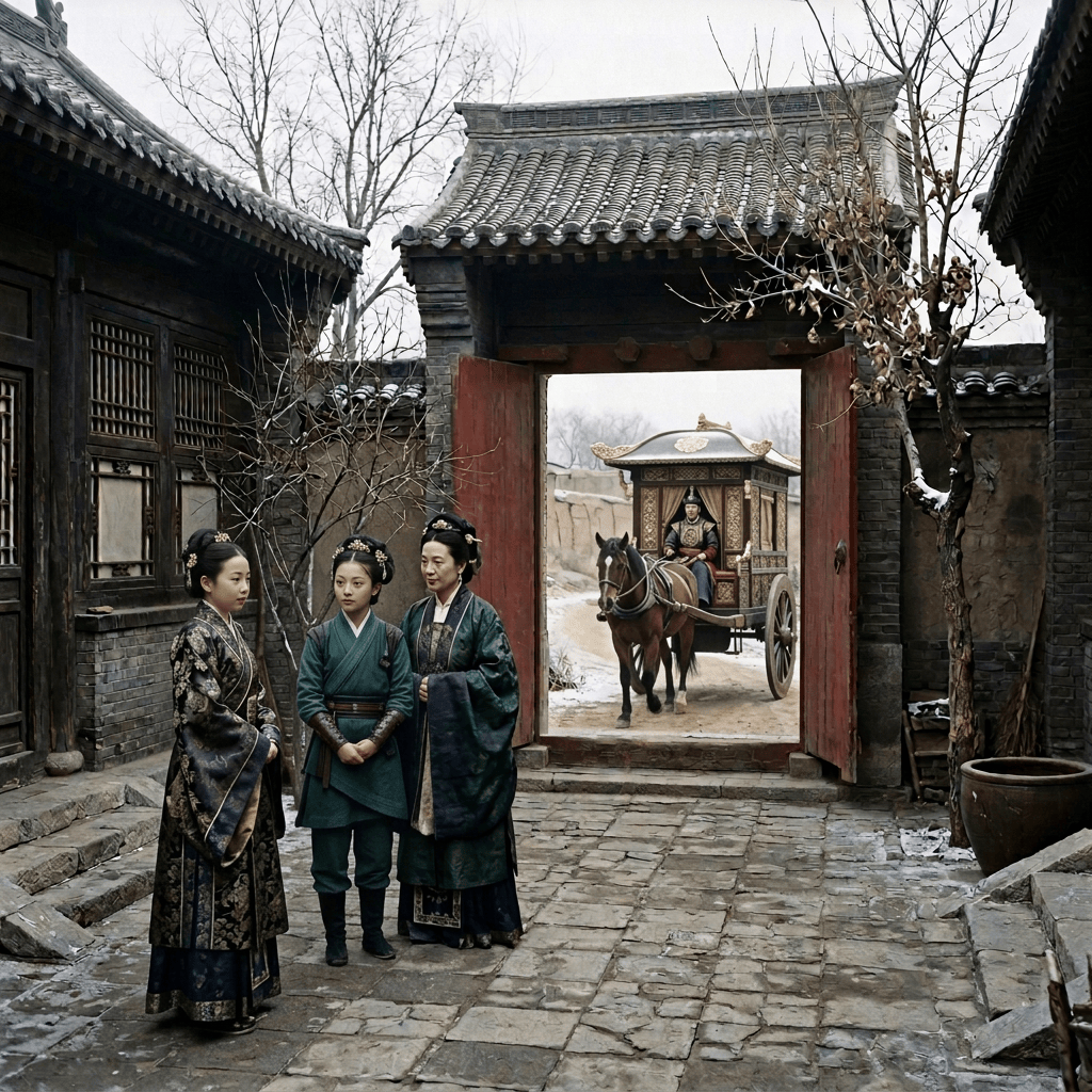 Five bundled people stand in a historic courtyard as a horse-drawn cart passes through the gate