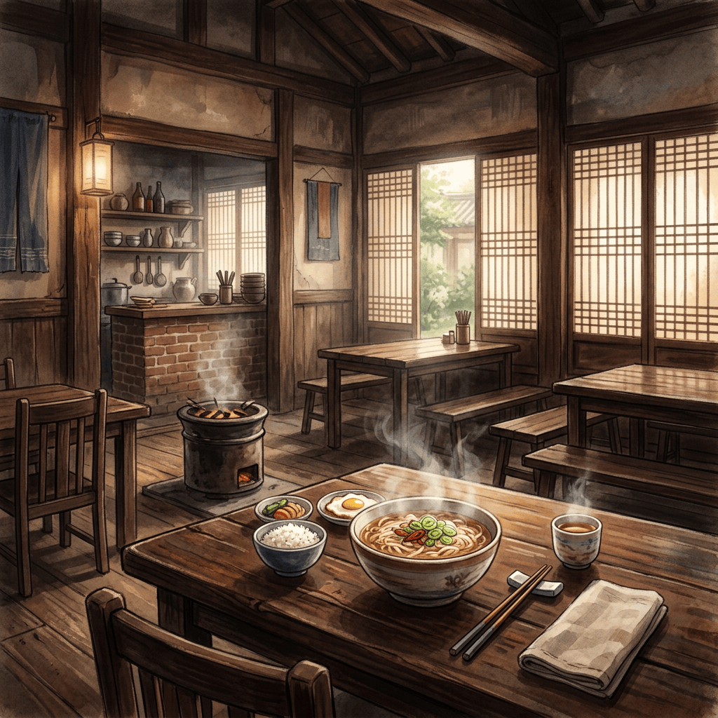 Steaming noodle soup with side dishes on a table in a Japanese dining room