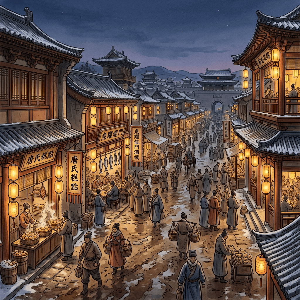 Lantern-lit traditional market street with crowds, shops, Chinese signs, and mountain gate