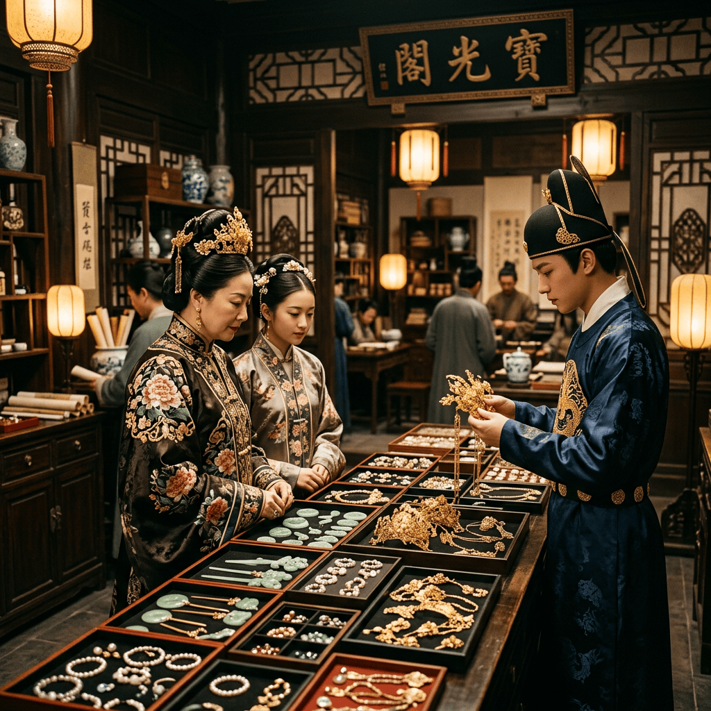Two women examine jewelry with a traditionally dressed shopkeeper in an ornate Chinese shop; sign reads 寶光閣.