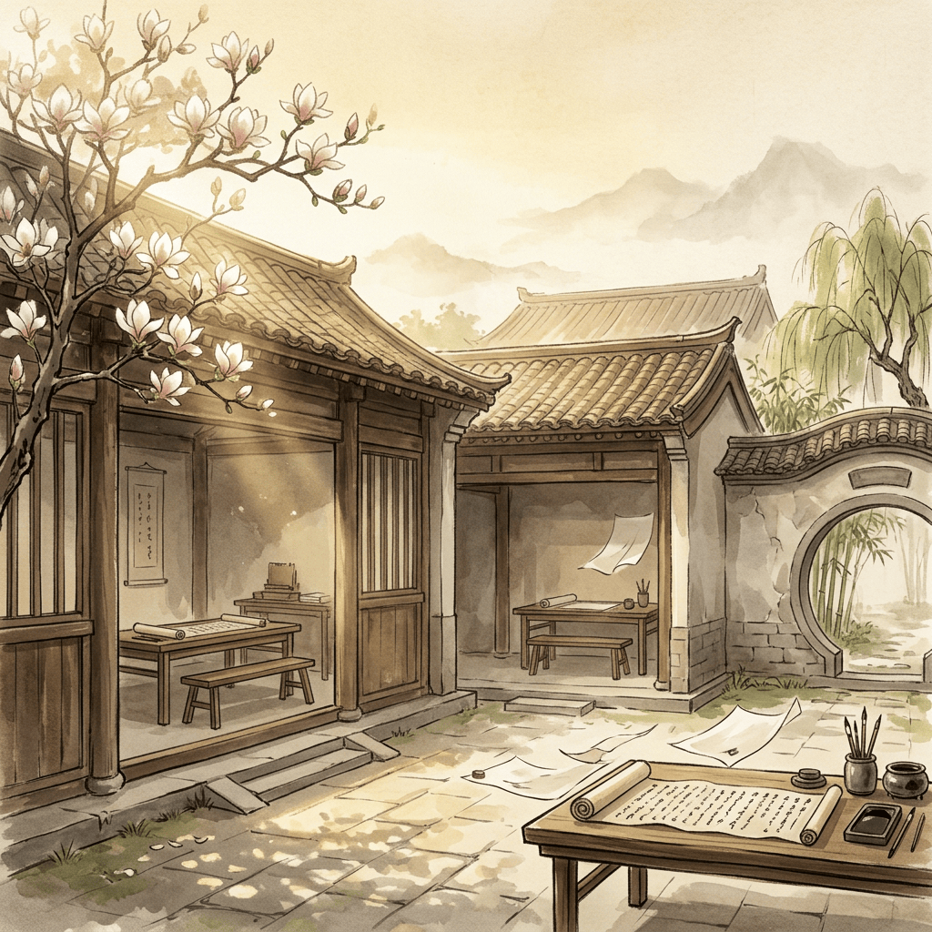 Sunlit Warring States school courtyard