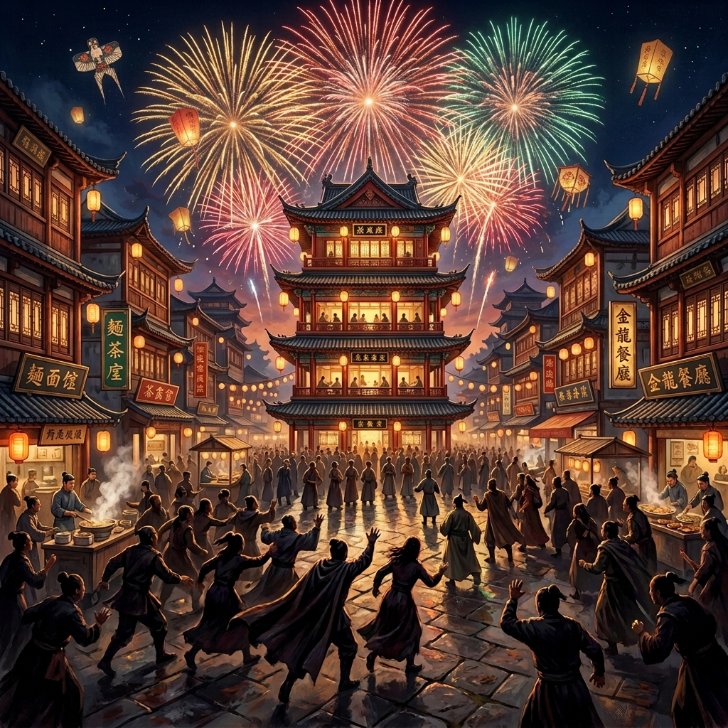 Crowd celebrating beneath colorful fireworks at a traditional temple gate
