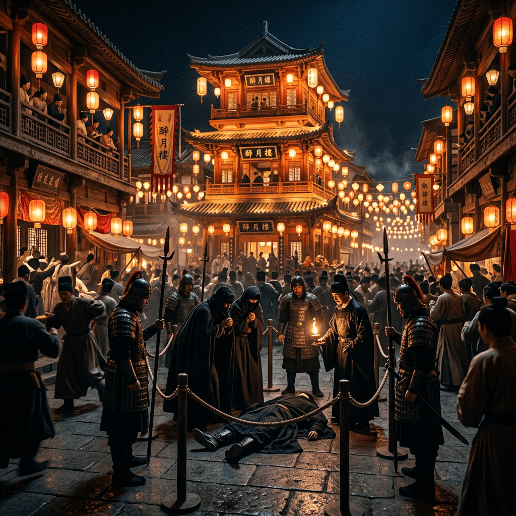 Armored guards surround a fallen figure beneath lanterns in a Chinese street scene
