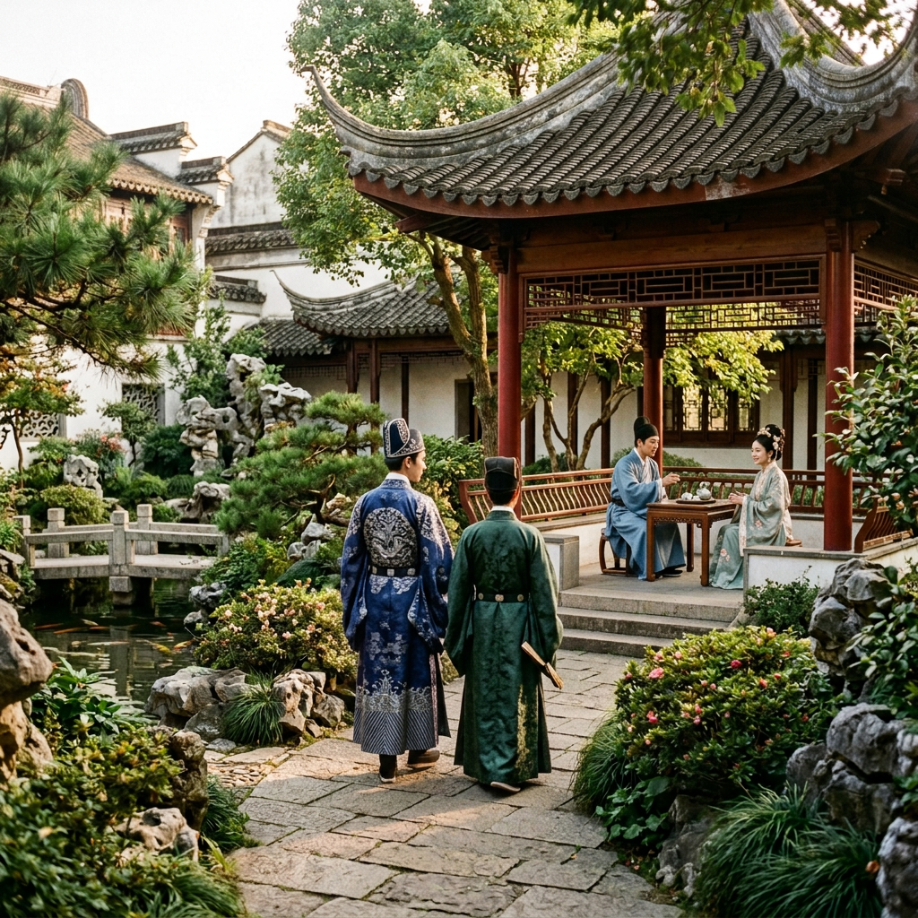 Two visitors in traditional robes walk toward a pavilion in a Chinese garden