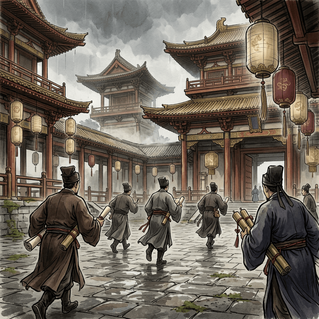 Traditional-robed scholars crossing a lantern-lit temple courtyard in the rain