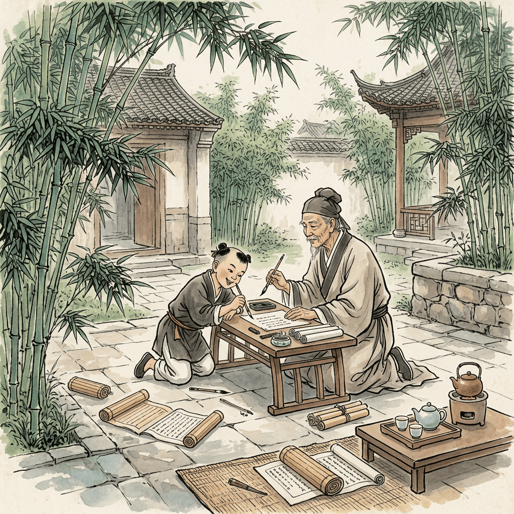 Elderly teacher teaching a child calligraphy in a bamboo courtyard