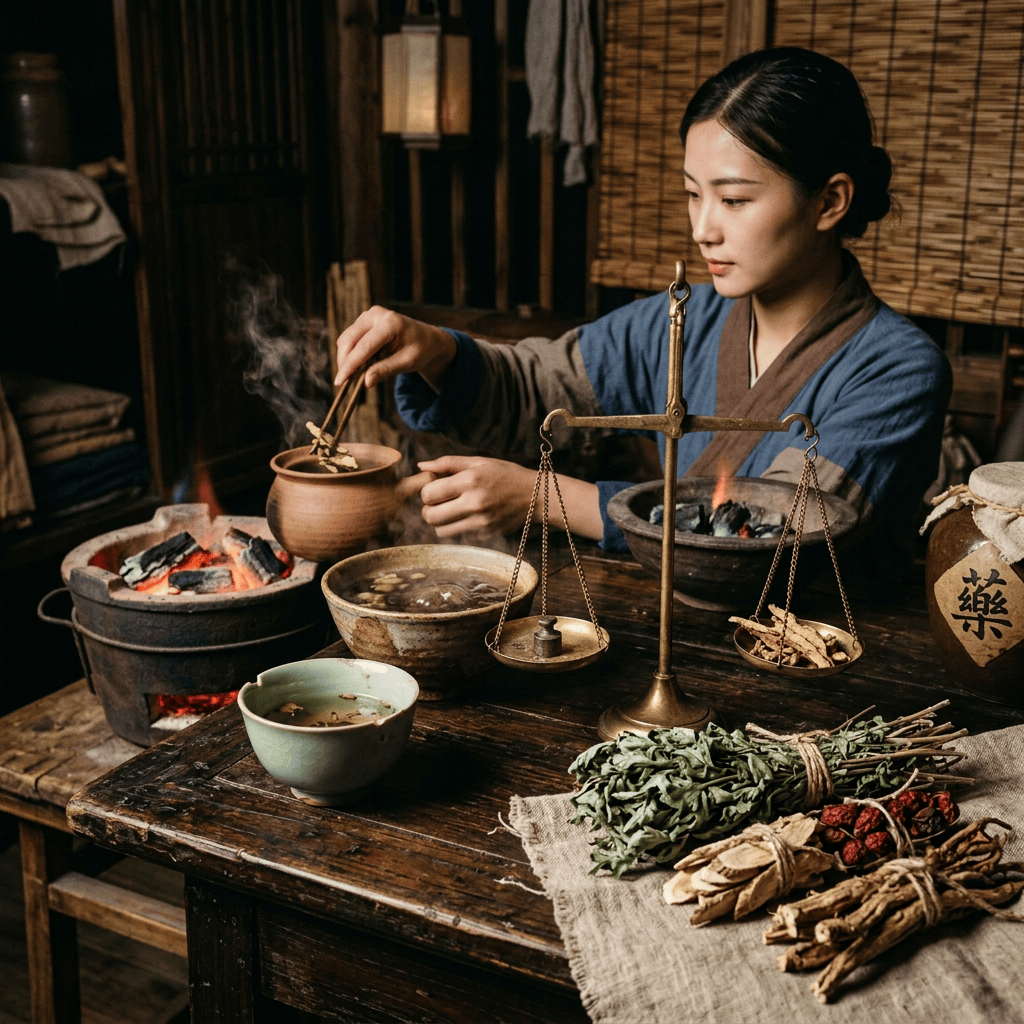 Traditional herbs, bowls, braziers, and balance scale in a rustic workspace