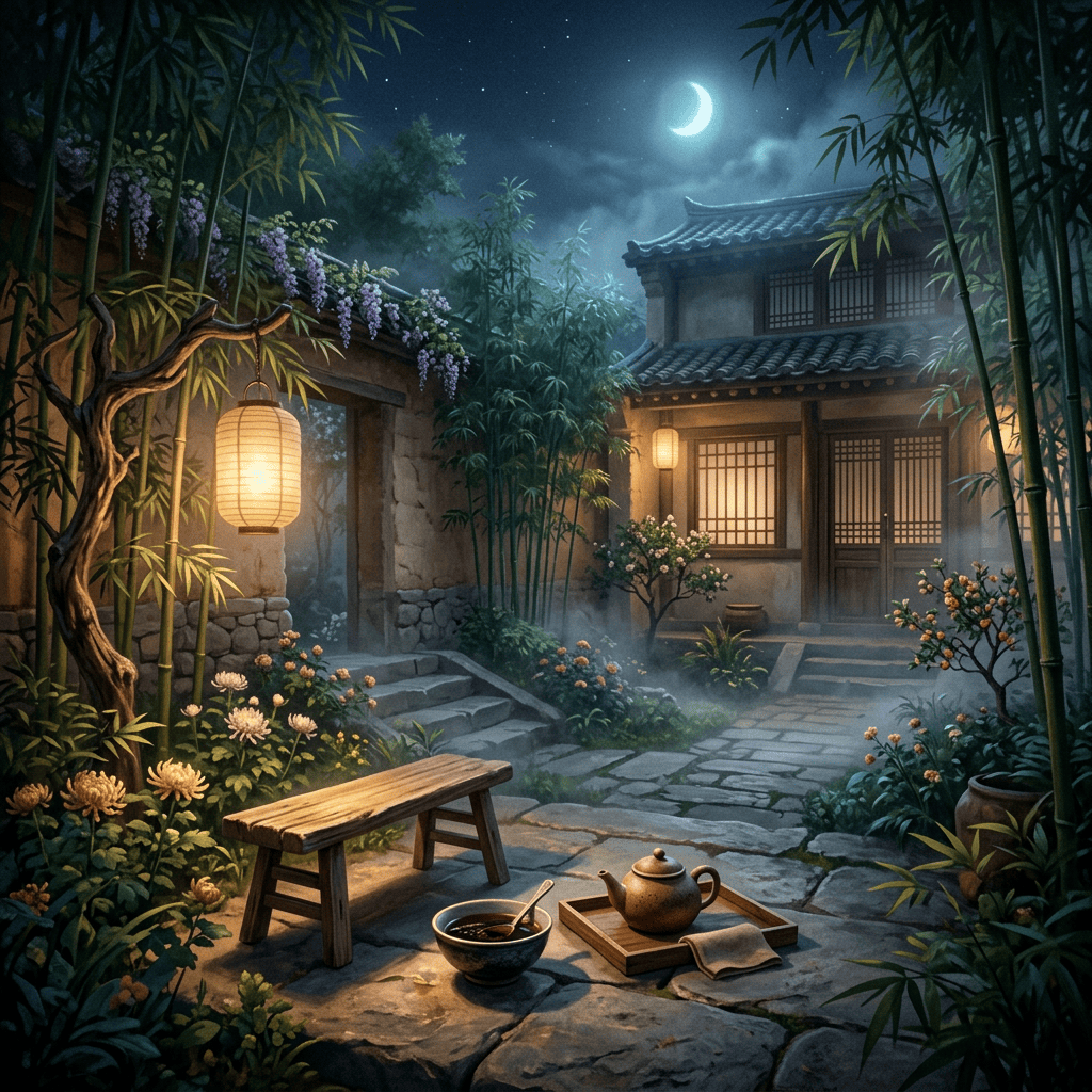 Tea set in a flower-filled bamboo courtyard beneath a crescent moon