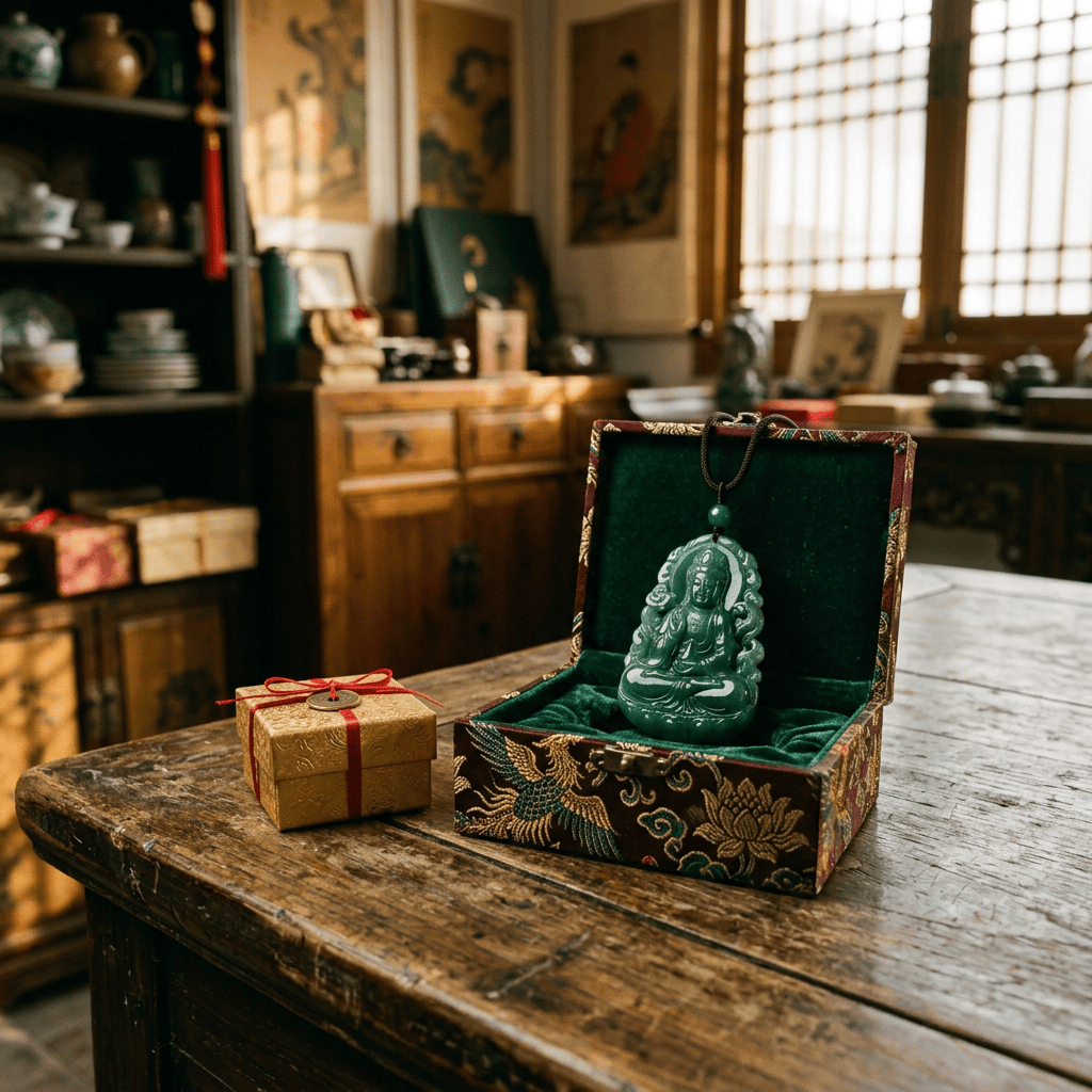 Carved jade Buddha pendant in an ornate box beside a wrapped gift