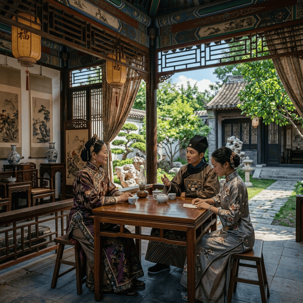 Three people share tea beneath lanterns marked 福 in a traditional courtyard