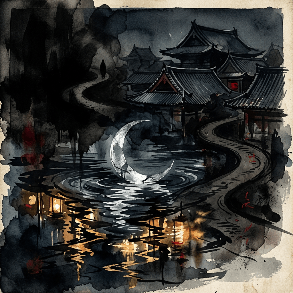 Crescent moon over a reflective pond beside a dark Japanese temple village