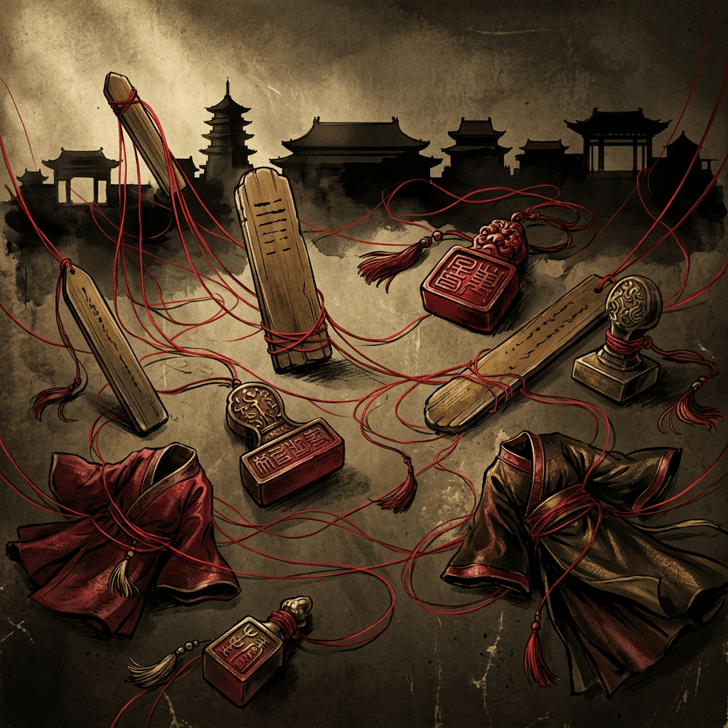 Carved Chinese seals, wooden tablets, red cords, and robes before temple silhouettes