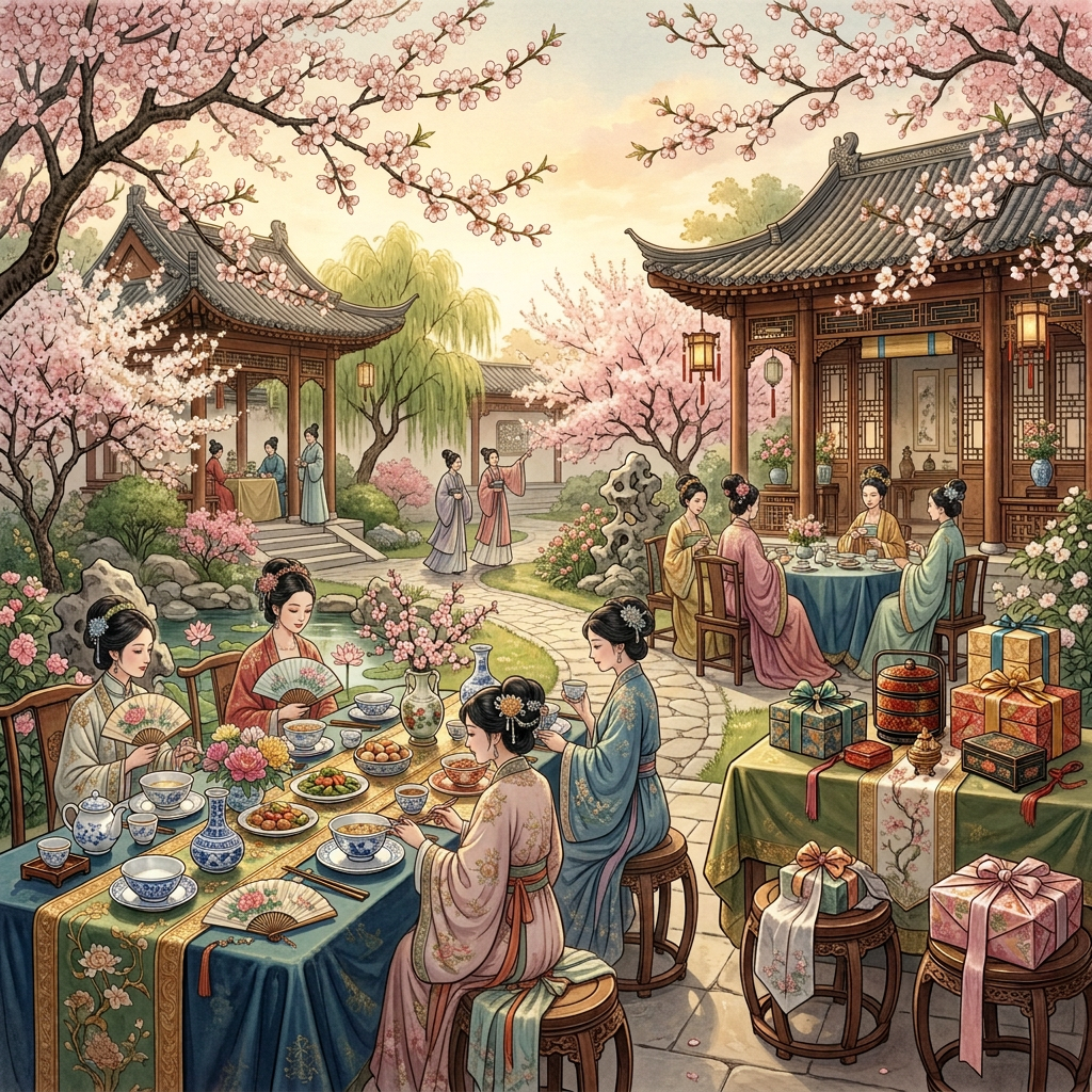 Traditional courtyard with cherry blossoms, tea tables, people, pond, and wrapped gifts
