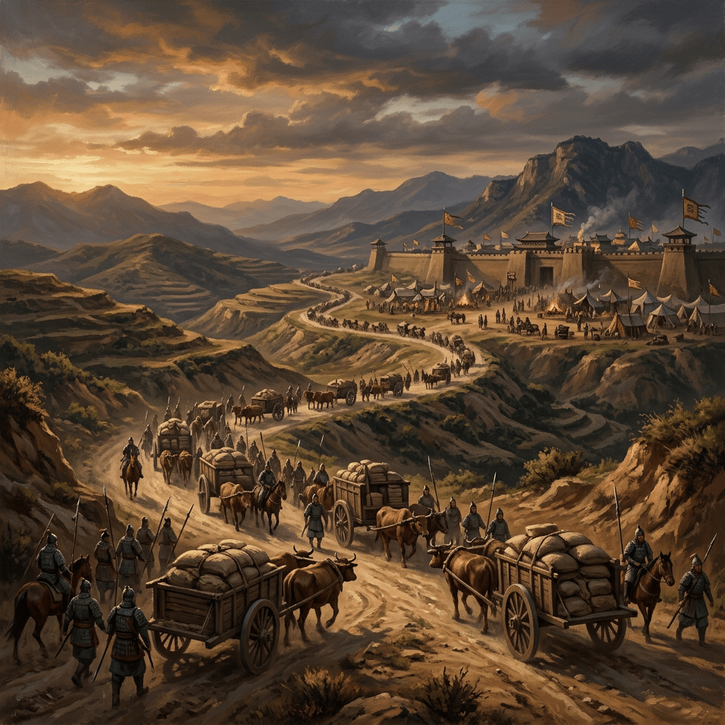 Grain carts approaching a fortified Warring States camp