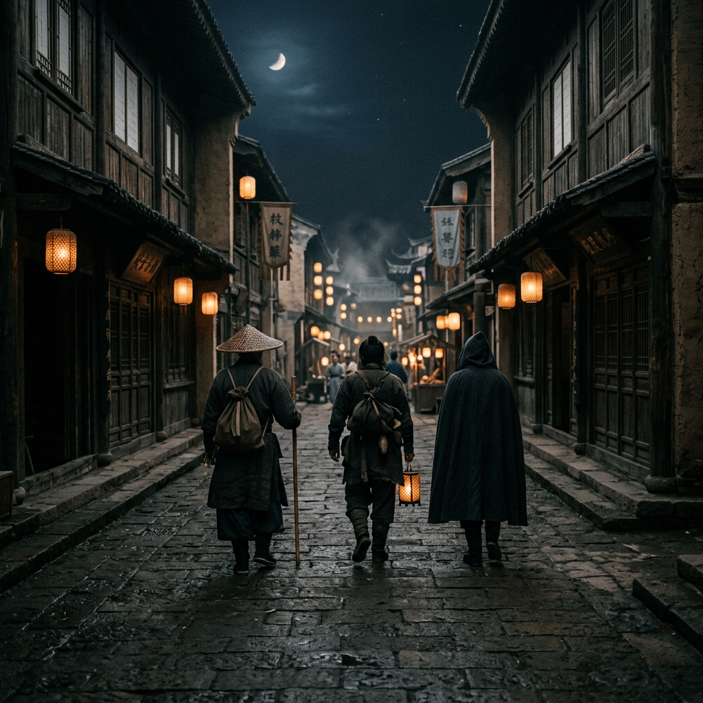Three travelers walking down a lantern-lit historic street at night