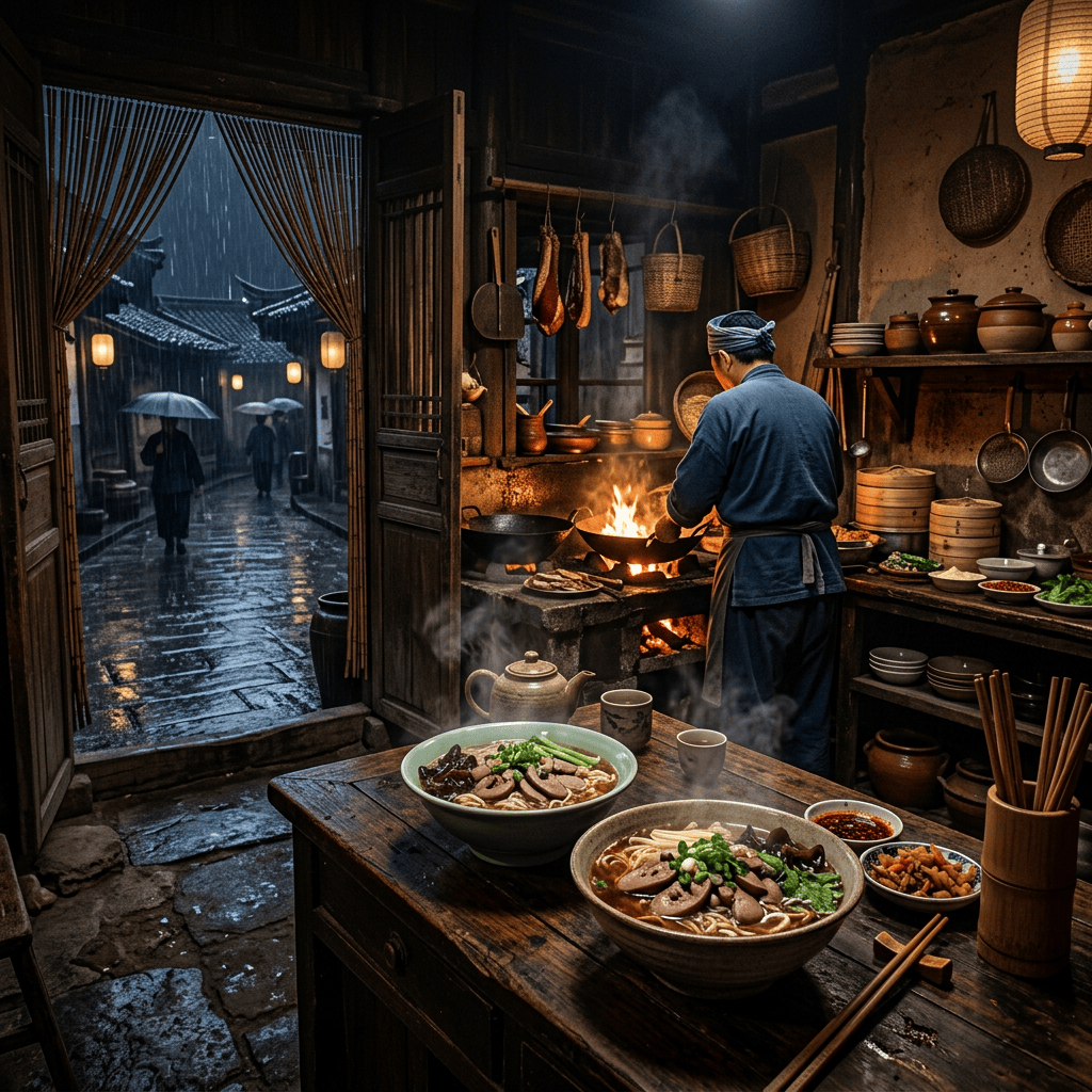 Warm imperial-era noodle shop in rain