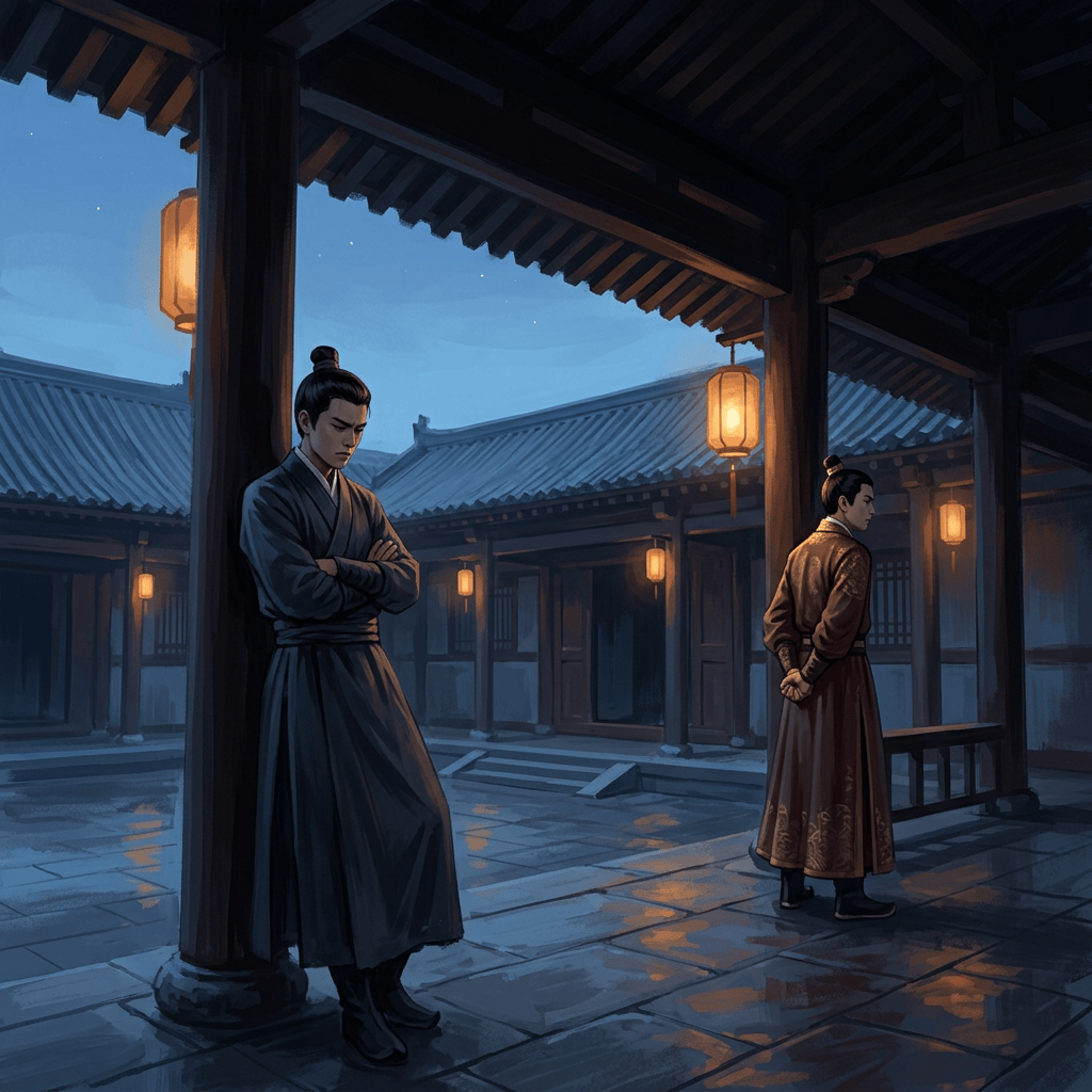 Two traditionally dressed figures stand apart in a lantern-lit courtyard at dusk
