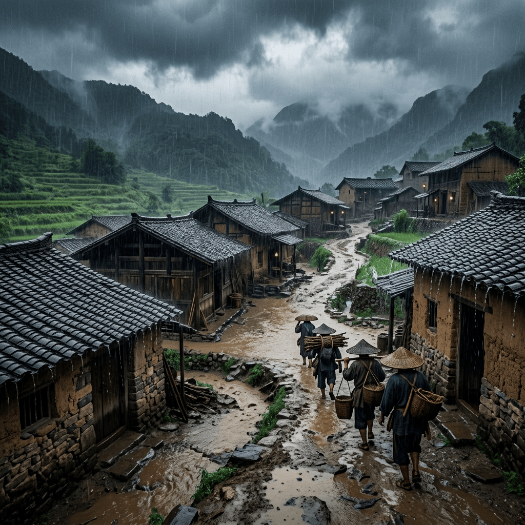 Villagers carrying baskets walk through a rainy mountain village with tiled roofs.