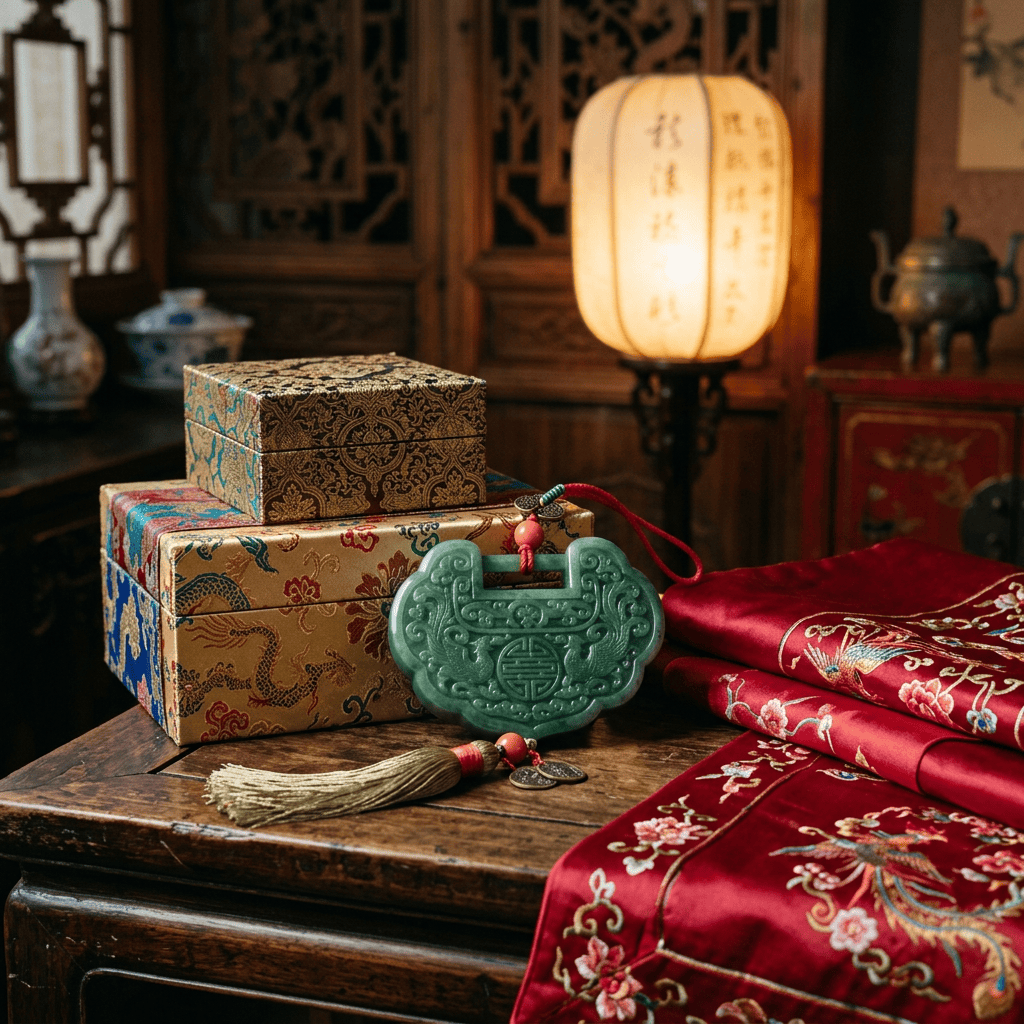 Ornate gift boxes, jade pendant, tassel, red silk, and glowing lantern